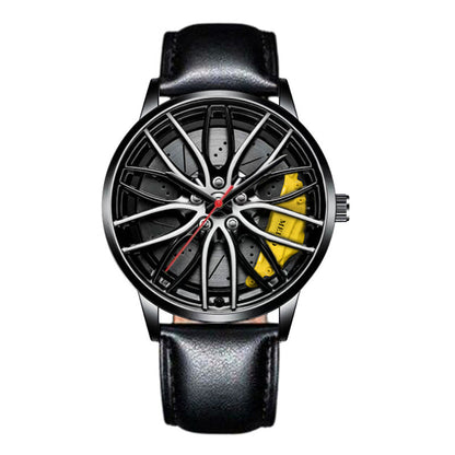 Wristwatch with a unique design featuring a wheel and black leather strap on a white background