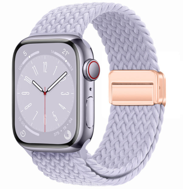 Smartwatch with a light gray woven band and rose gold buckle on a white background
