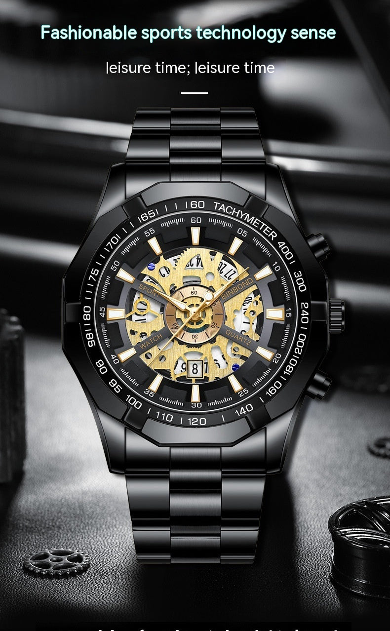 Black and gold mechanical watch with intricate design on a dark background