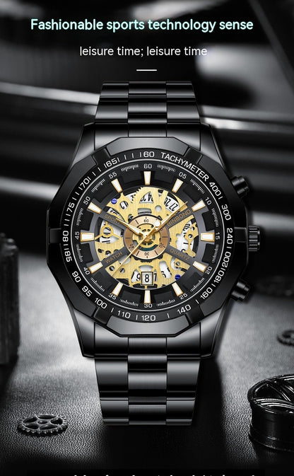 Black and gold mechanical watch with intricate design on a dark background