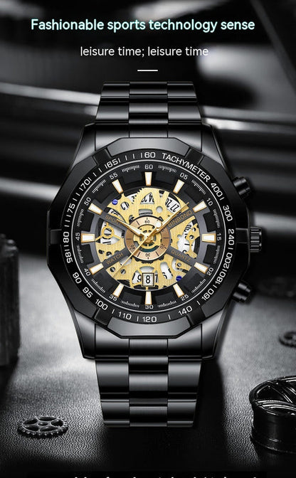 Black steel skeleton quartz watch with gold-toned openwork dial and chronograph bezel