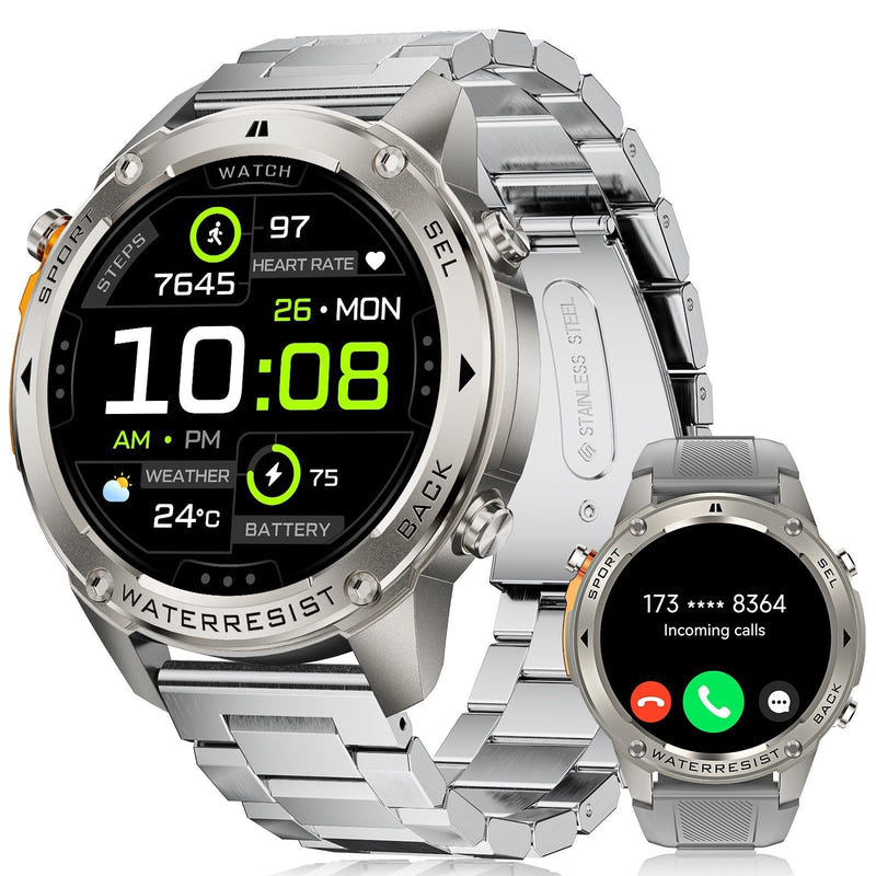 Silver smartwatch with metal bracelet, orange digital time, and notification-style side screen