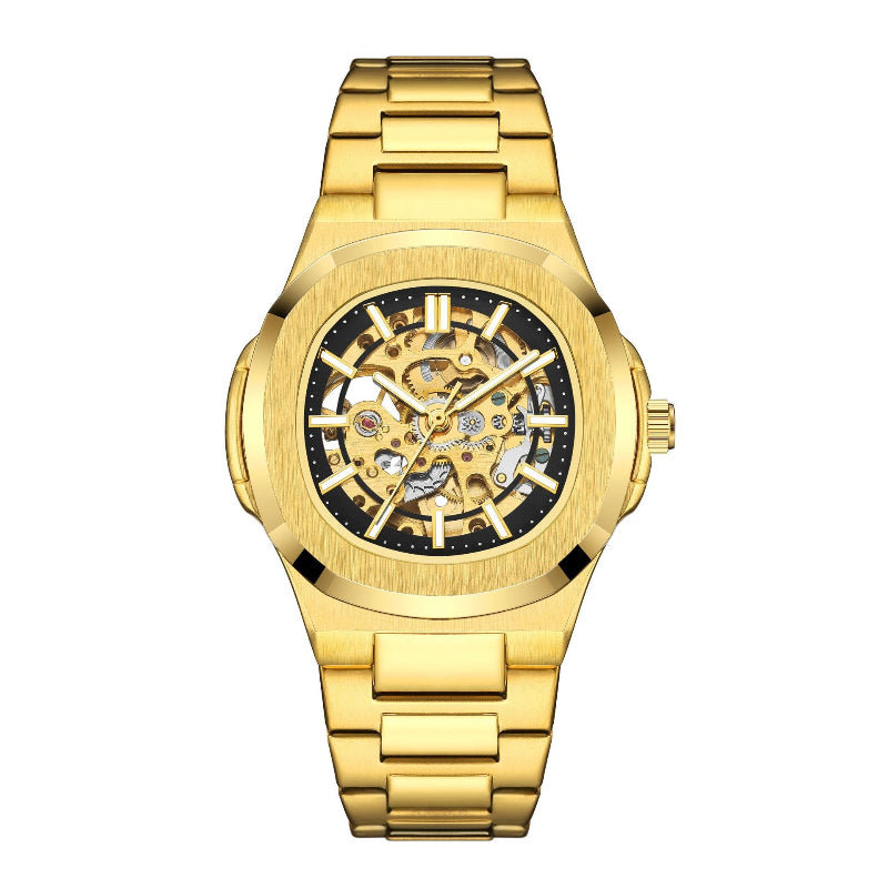 Gold wristwatch with a black face on a white background