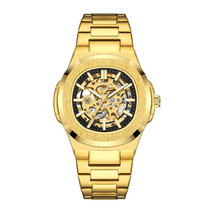 Gold wristwatch with a black face on a white background