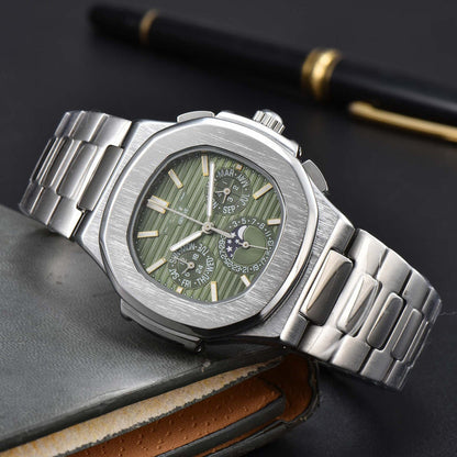 Men's stainless steel bracelet watch with green dial and silver-tone case