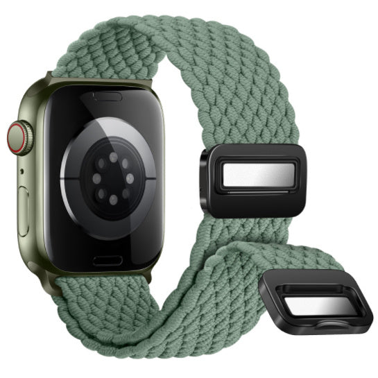 Smartwatch with a green braided band and black metal clasp on a white background