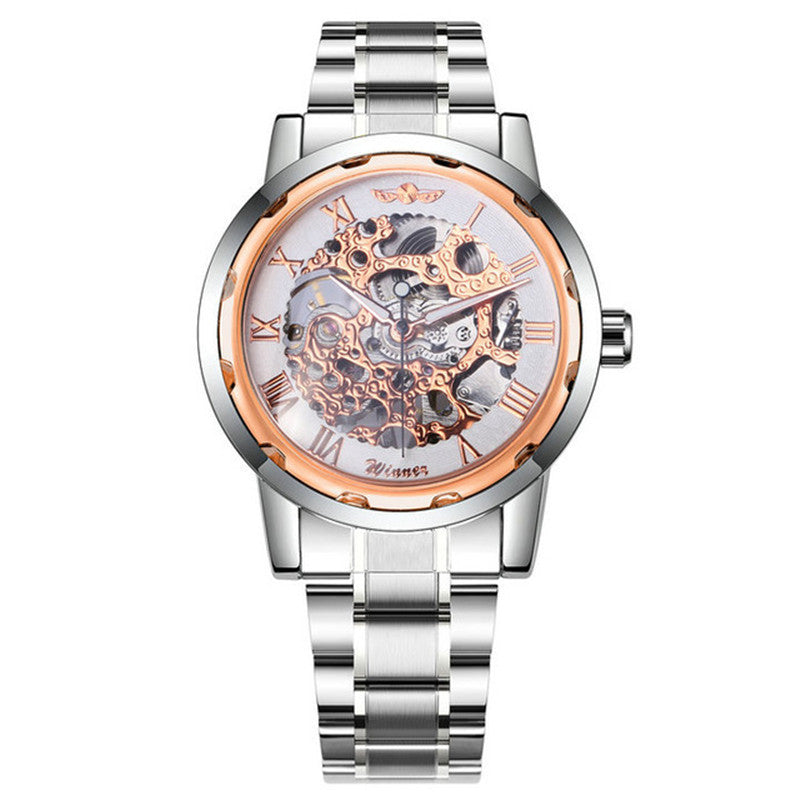 Silver and rose gold watch with transparent face on a white background
