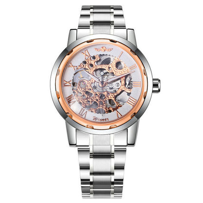 Silver and rose gold watch with transparent face on a white background