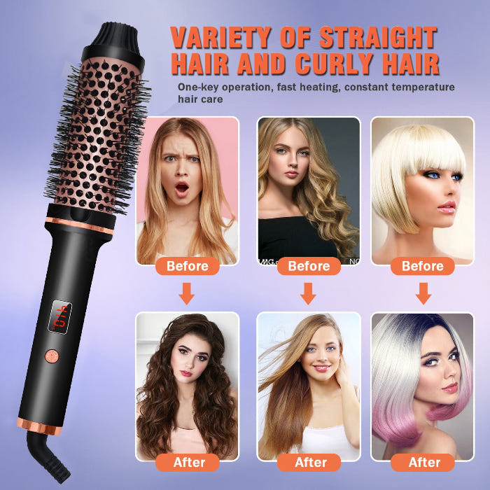 Black electric hair curler with vented straightening comb barrel and corded handle