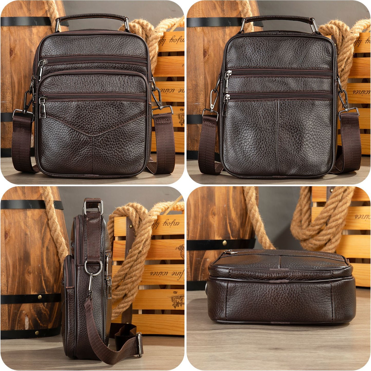 Men's genuine leather crossbody bag, dark leather with front zip pockets and adjustable strap