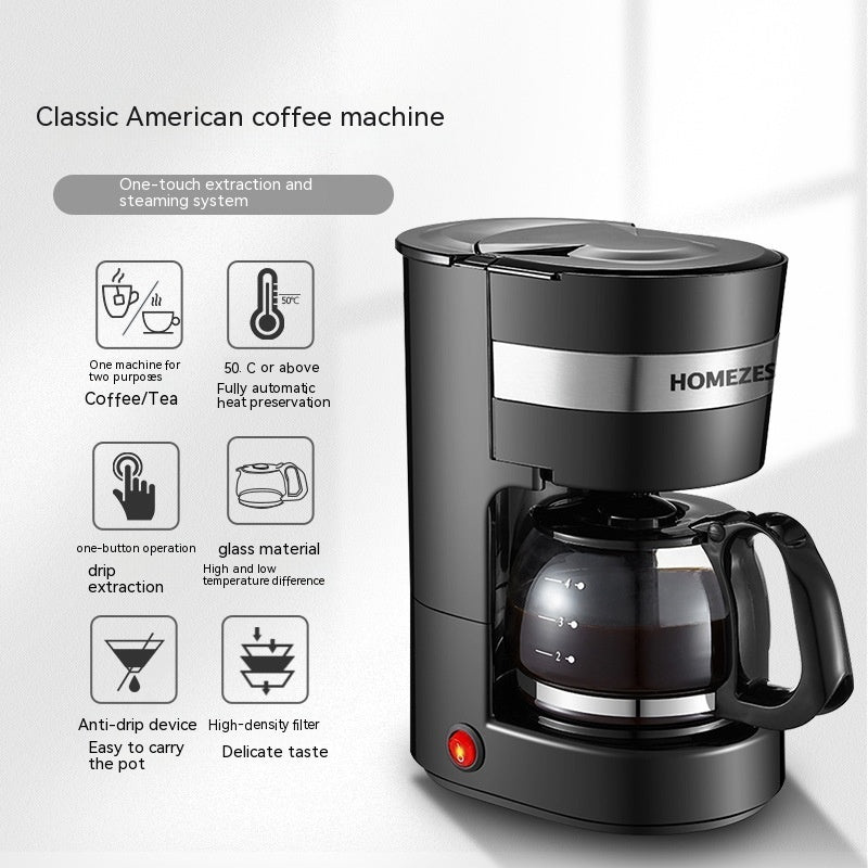 Black coffee machine with features listed on a white background