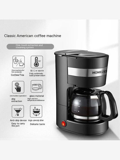 Black automatic drip coffee and tea maker with carafe and front indicator