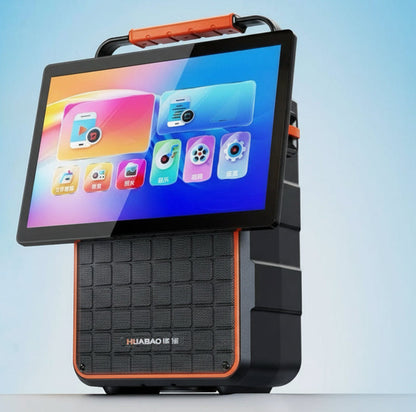 Black karaoke Bluetooth speaker with built-in screen and orange trim, HUABAO logo