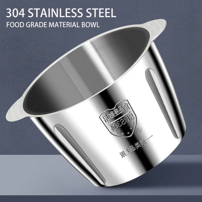 Stainless steel bowl with 304 stainless steel and food grade material text on a blue background