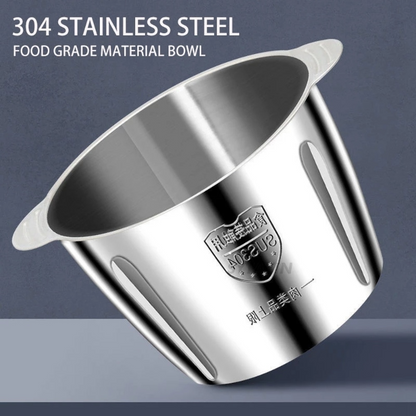 Stainless steel bowl with 304 stainless steel and food grade material text on a blue background