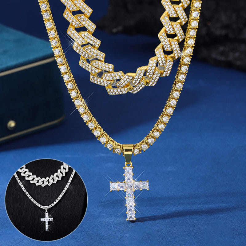 Gold zircon cross pendant necklace with tennis-style chain and small halo stones