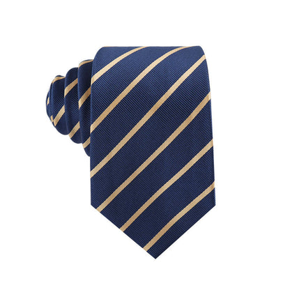 Navy blue tie with gold stripes on a white background