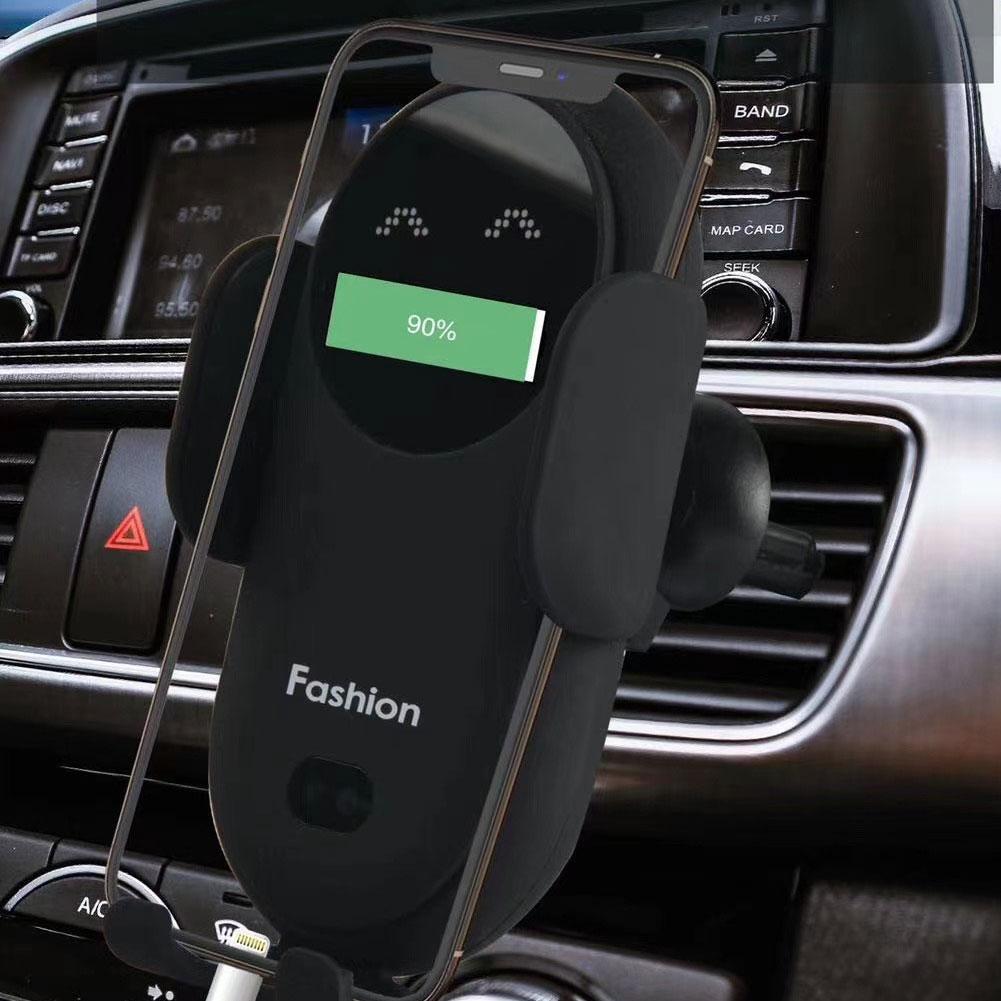Black car wireless phone holder with 90% charging indicator and air-vent mount