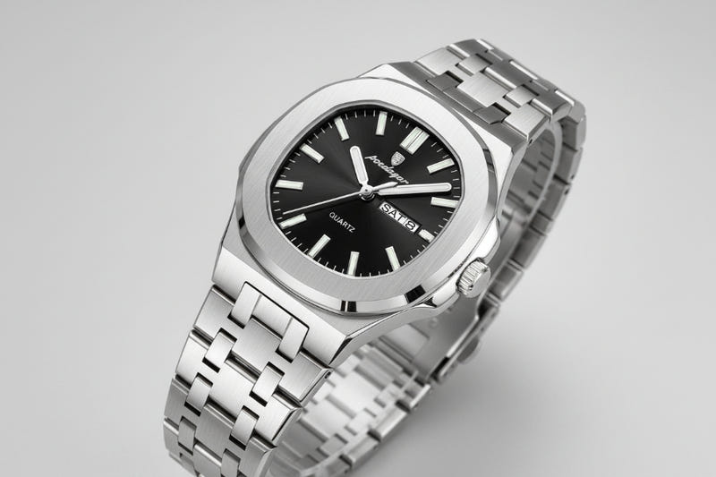 Silver-tone stainless steel quartz watch with black dial and metal link bracelet