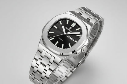 Silver-tone stainless steel quartz watch with black dial and metal link bracelet