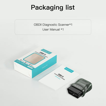 OBDII Diagnostic Scanner packaging list with scanner, box, and user manual on a white background