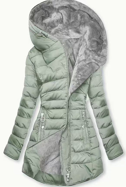 Light green hooded quilted jacket with long sleeves and zip front; plush velvet lining.