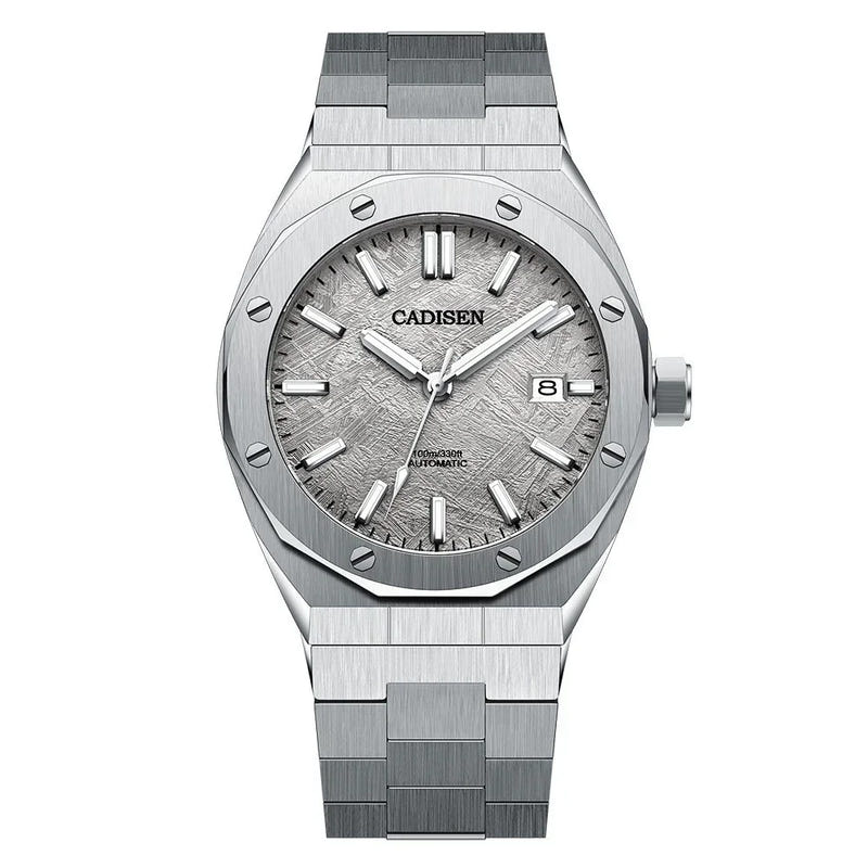 Stainless steel automatic mechanical watch with gray textured dial and metal bracelet.