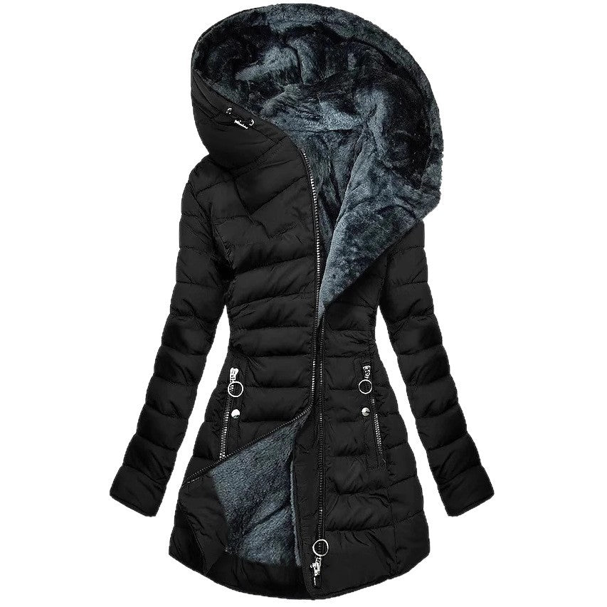 Black hooded quilted jacket with long sleeves, zip front, and plush velvet lining.