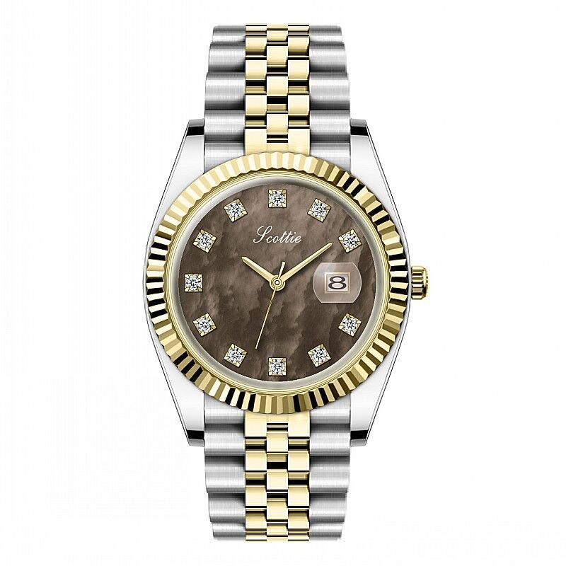 Luxury watch with silver and gold band on a white background