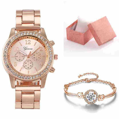 Rose gold watch with crystal bezel and matching bracelet set with circular crystal charm