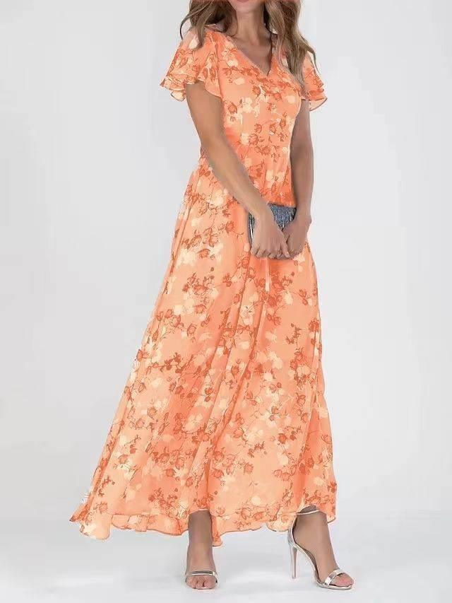 Flowers Print Short Sleeve Dress Summer Fashion Ruffle Beach Dresses Women's Clothing - YAXSO