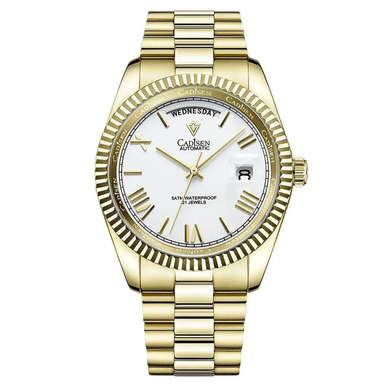 Men’s automatic mechanical watch in gold tone with white dial and metal link bracelet