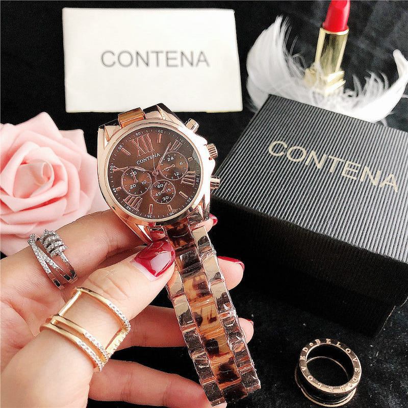 Ladies quartz watch with rose-gold tone case, dark brown Roman-numeral dial, metal bracelet
