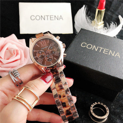 Ladies quartz watch with rose-gold tone case, dark brown Roman-numeral dial, metal bracelet