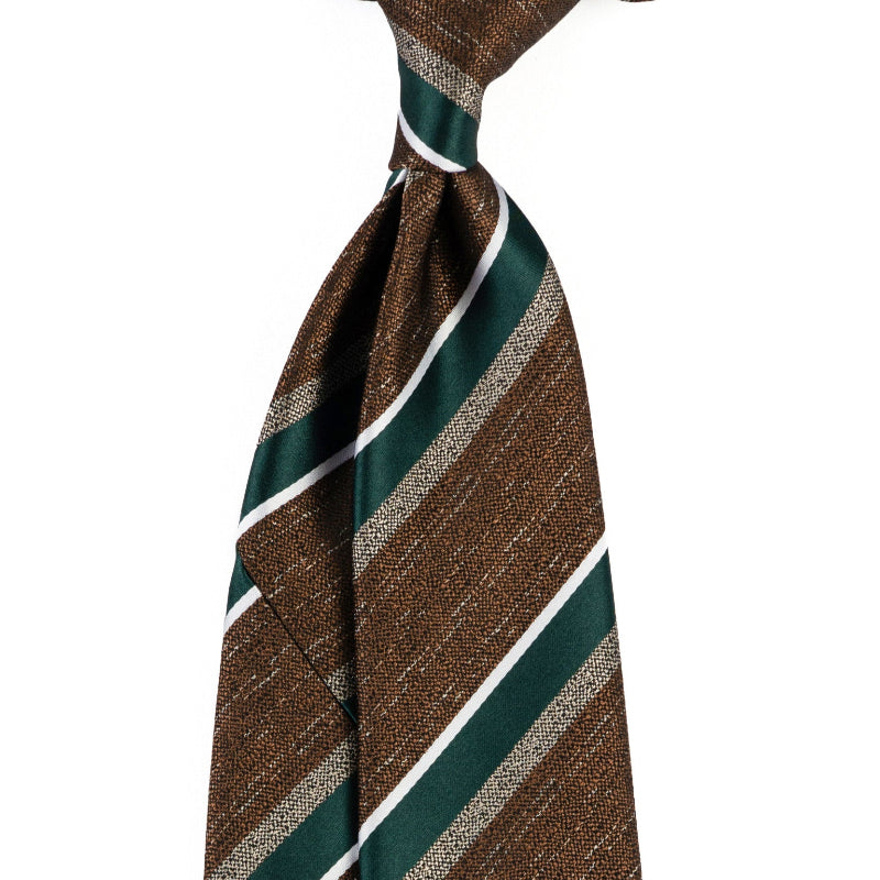 Striped tie with brown, green, and white pattern on a white background