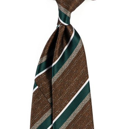 Striped tie with brown, green, and white pattern on a white background