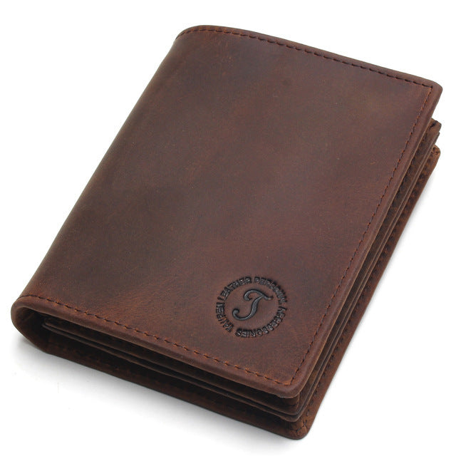 Brown leather wallet with a brand logo on a white background