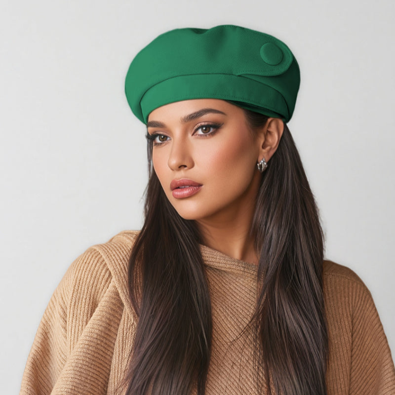 Green satin button beret with side button detail, structured rounded crown.