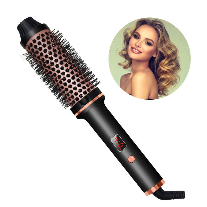 Hair styling tool with digital display and woman with styled hair on a white background