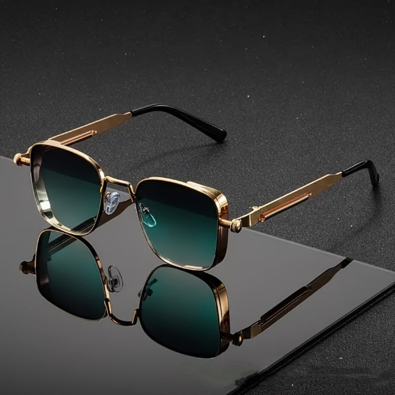 Gold square sunglasses with reflective dark green lenses and black temple arms
