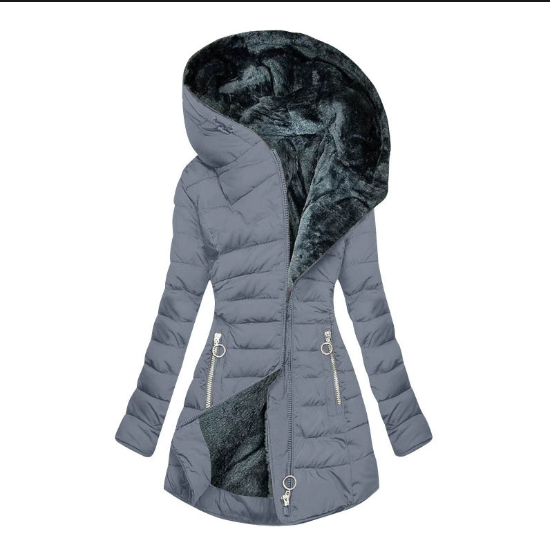 Hooded quilted cotton jacket, light gray with dark faux-fur hood lining and front zipper