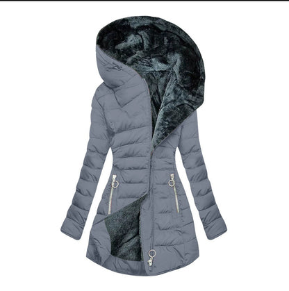 Hooded quilted cotton jacket, light gray with dark faux-fur hood lining and front zipper