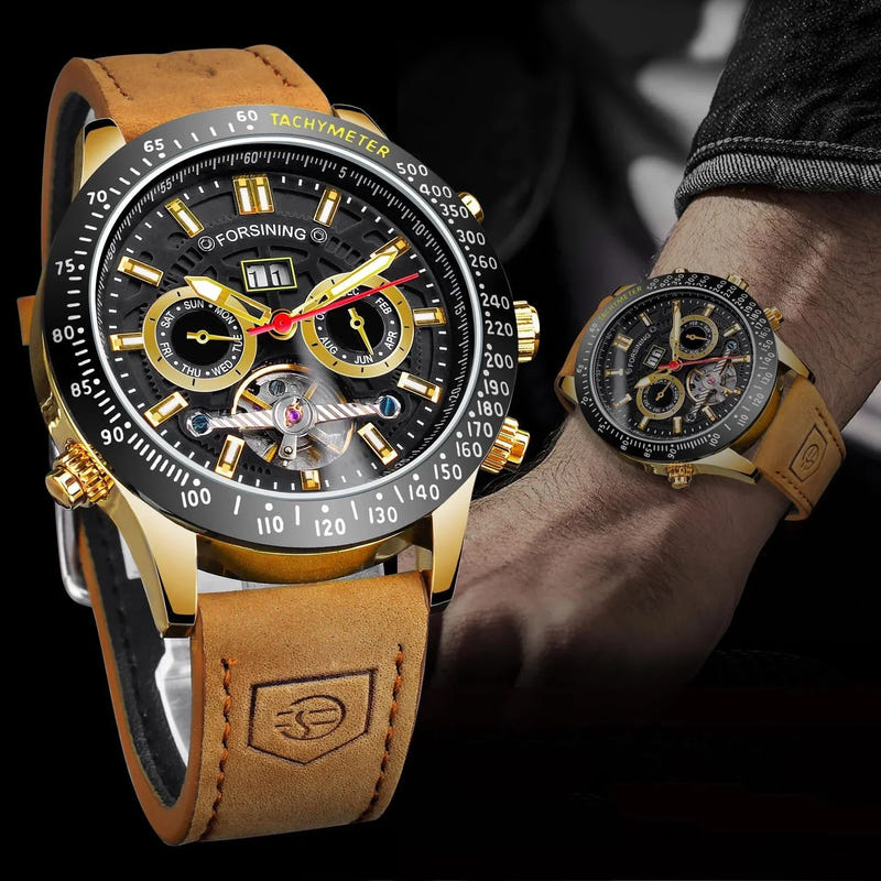 Forsining automatic mechanical wristwatch: black dial, gold bezel, tan leather strap