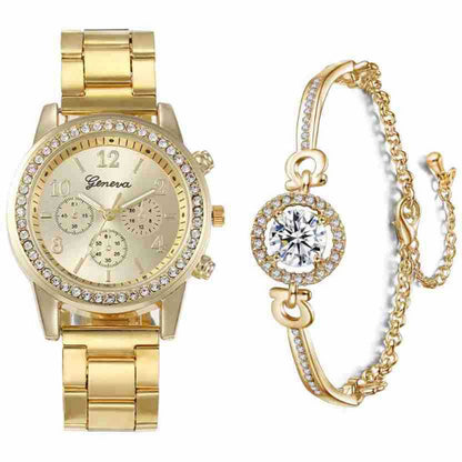 Gold quartz watch with crystal bezel and matching bracelet set with round crystal centerpiece