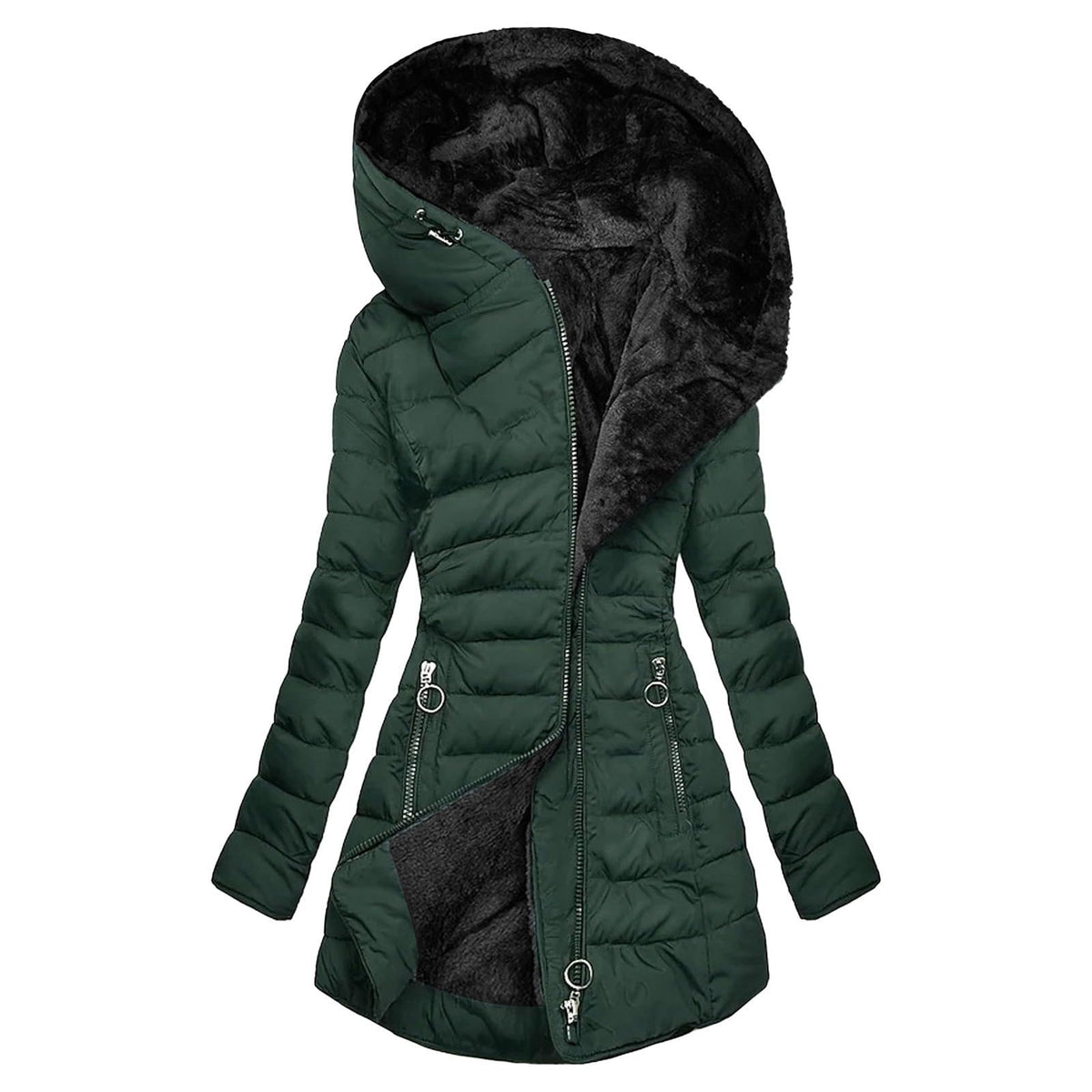 Green hooded quilted jacket with long sleeves, zip front, and plush velvet lining.