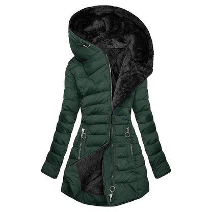 Green hooded quilted jacket with long sleeves, zip front, and plush velvet lining.