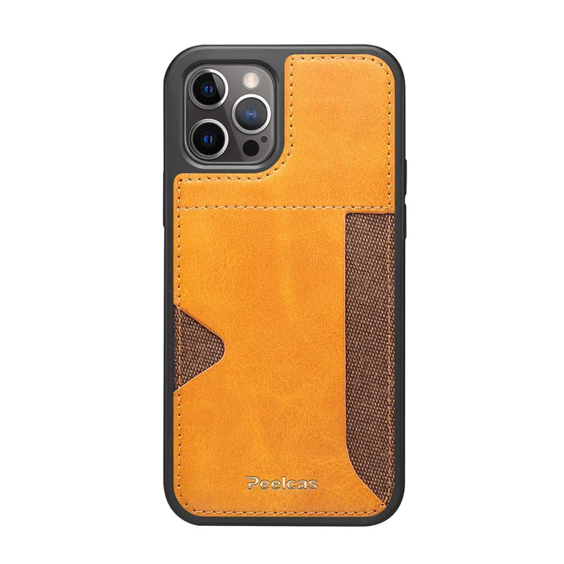 Khaki leather card phone case with stitched card pocket and textured side sleeve