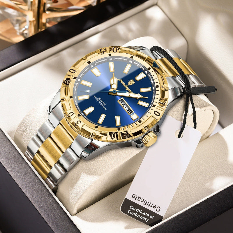 Men's Swiss quartz dress watch with blue dial and two-tone gold and silver bracelet, round bezel