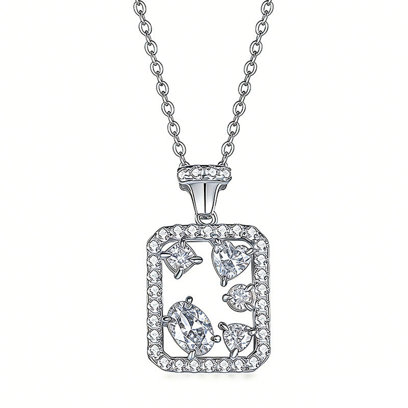 S925 sterling silver geometric rectangle necklace featuring mixed-cut D Color VVS1 moissanite stones with pave halo border in silver and gold finishes