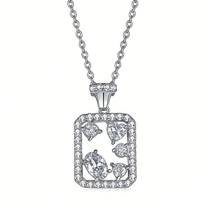 S925 sterling silver geometric rectangle necklace featuring mixed-cut D Color VVS1 moissanite stones with pave halo border in silver and gold finishes